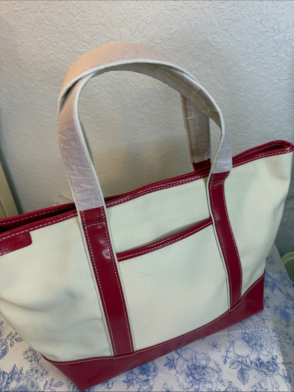 Lands' End Cream Canvas Tote with Red Trim